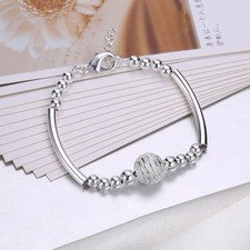 Womens 925 Sterling Silver Beads Ball String Link Chain Fashion Bracelet B479