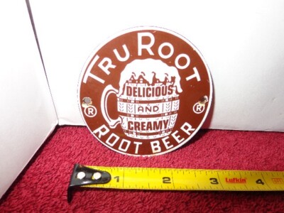 3 in TRU ROOT DELICIOUS ROOT BEER  ADV. SIGN DIE CUT HEAVY METAL PORCELAIN -Z349