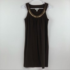 Ann Taylor LOFT Sleeveless Brown Gold Sequined Scoop Stretch Shift Dress Small