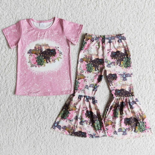 Country Little Baby Girls Boutique Outfit Camouflage Deer Bell Bottom Pants Set - Picture 11 of 21
