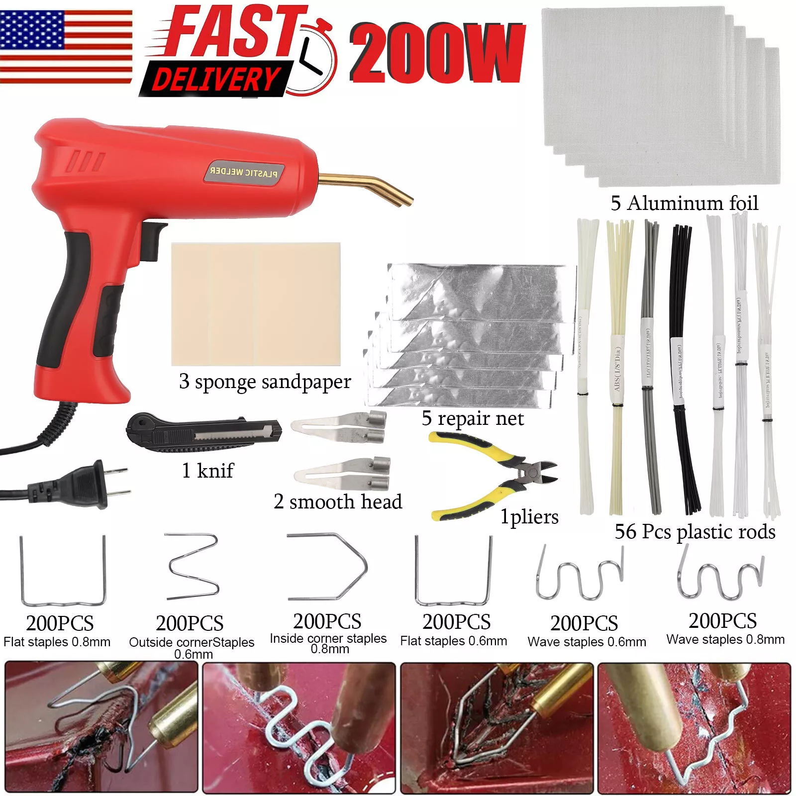 Hot Stapler Car Bumper Fender Fairing Welder Gun Plastic Repair Kit 1200 Staples-image