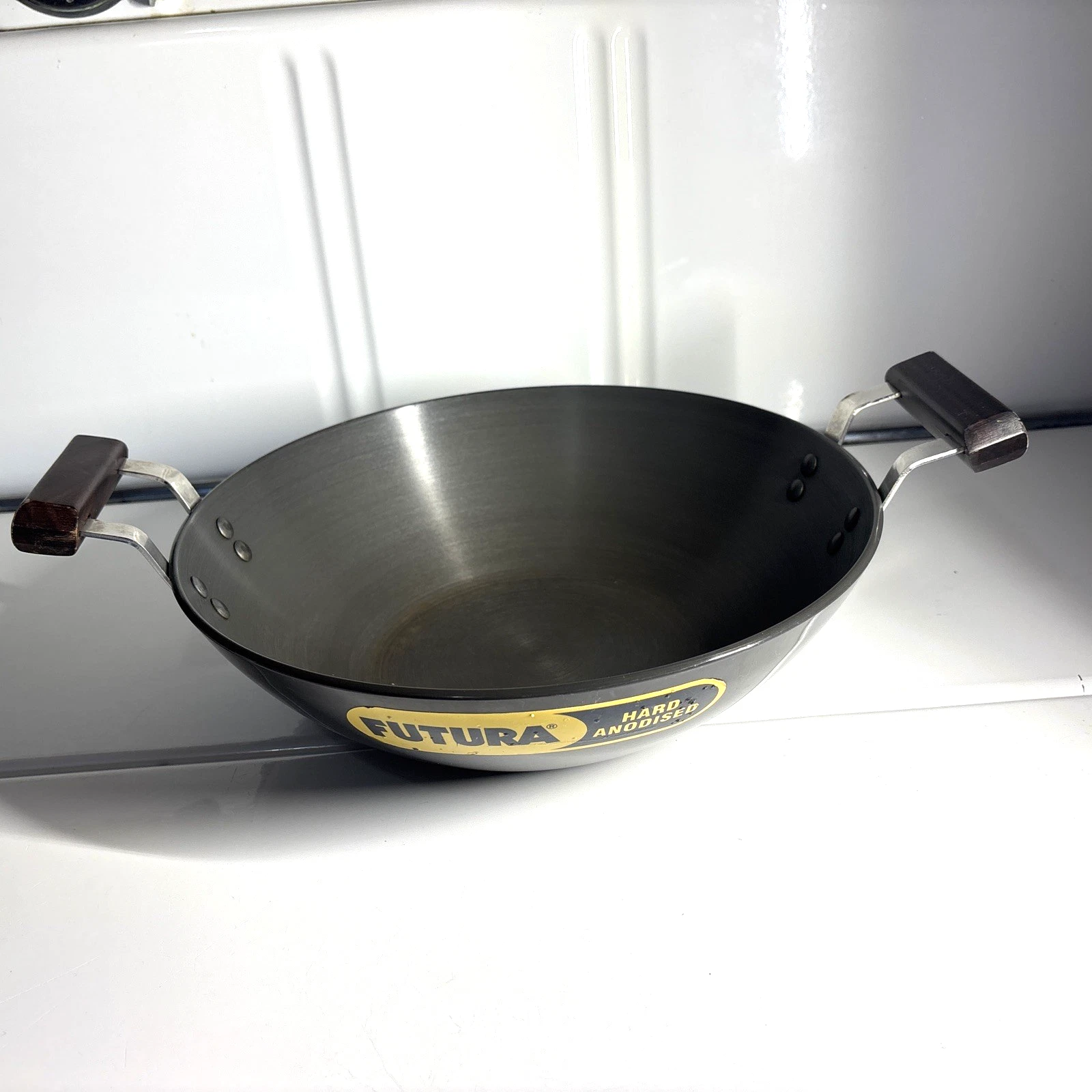 Futura Hard Anodised Kadhai 3.75L Flat Bottom Wok Wooden Handles 4.06 mm Thick