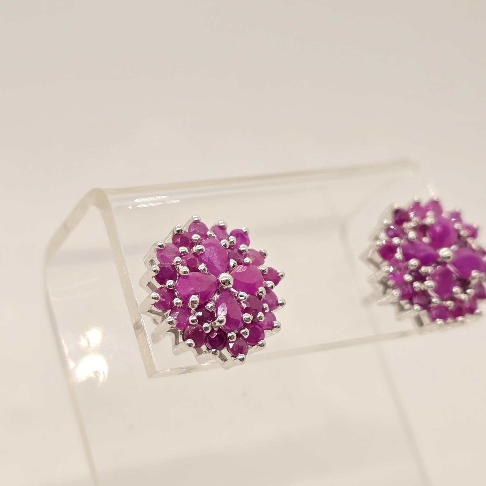 Sterling Silver Ruby Cluster Flower Stud Earrings - image 3