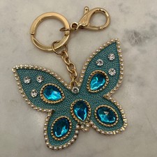 Teal Butterfly Keychain Bag Charm Statement Blue Gold Rhinestone New Accessory