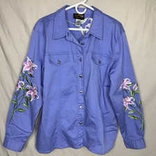 Bob Mackie LARGE Wearable Art Embroidered Stretch Jacket Shirt Top Floral Lilies