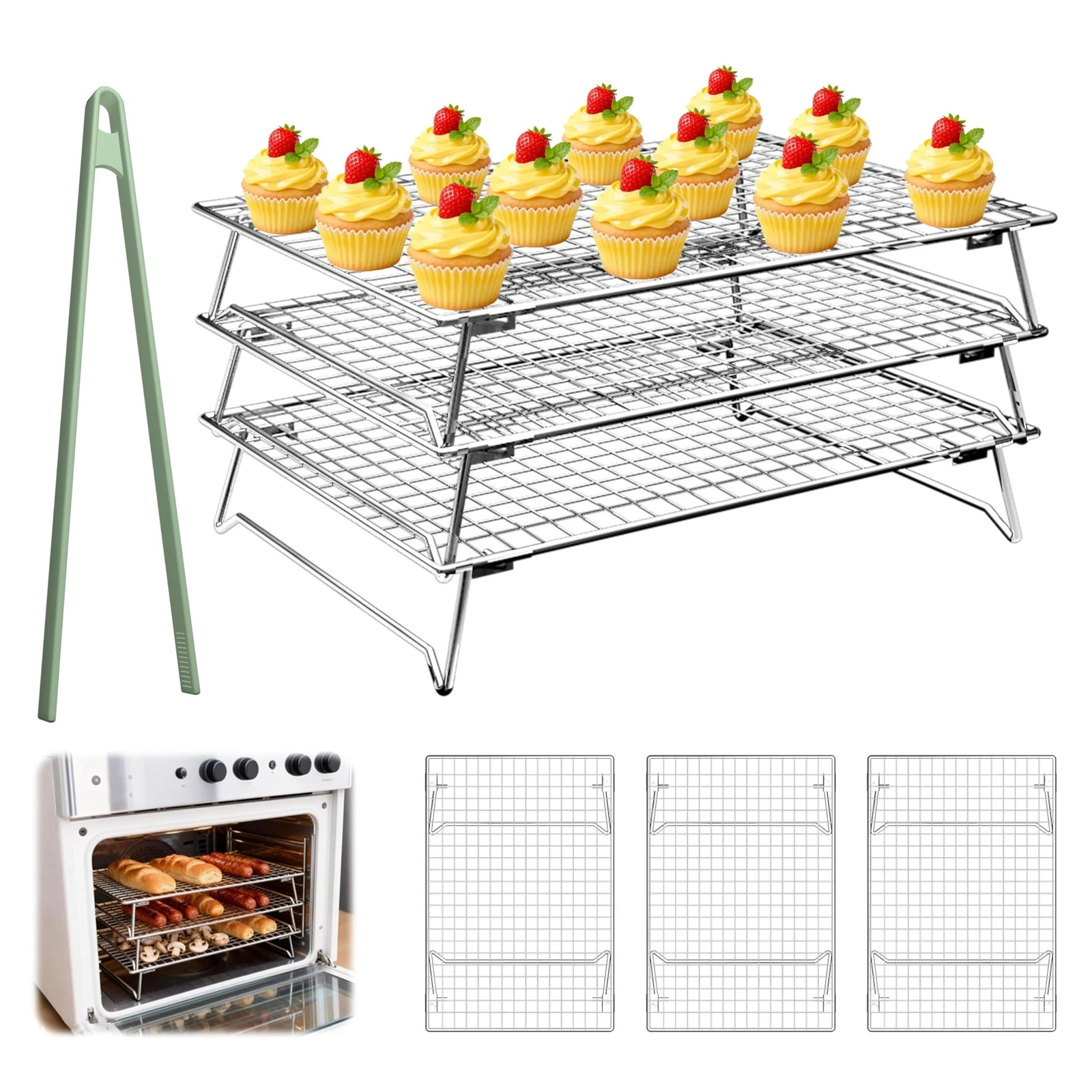 Oven Safe Collapsible Cooling Rack, 3 Tier 304 Stainless Steel 13" x 9" Stack...
