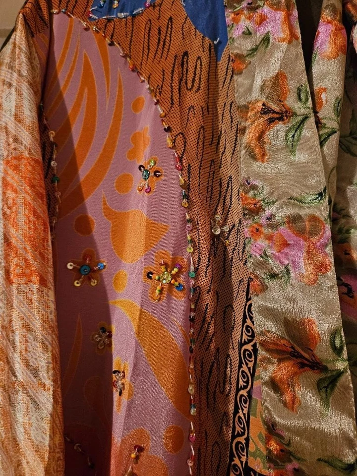 Bata Kimono Art Silk~ Para Mujer Talla Única~ Kimono con Corbata~Floral~Cuentas~Naranja,Beige - Imagen 3 de 4
