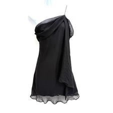 Y2K Forever 21 Beaded Draped Mini Dress Size S Black One Shoulder Chiffon Party