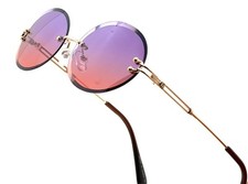 Men's Rimless Retro Vintage Round Shape Pink Purple Tint Gold Hip Hop Sunglasses