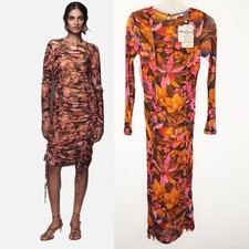 NWT Farm Rio x Anthropologie Ruched Mesh Tropical Graphic Flowers Midi Dress XS