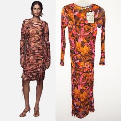 NWT Farm Rio x Anthropologie Ruched Mesh Tropical Graphic Flowers Midi Dress XS