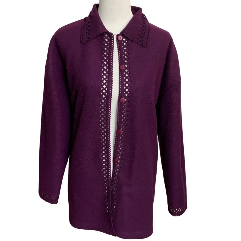 Cherokee Purple Cardigan Perforated Button Up Knit Sweater Size XL Soft Cozy Top - Image 4 of 4
