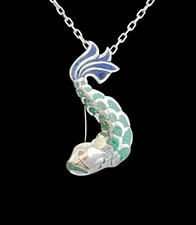 Vintage Los Castillo sterling silver crushed stone inlay fish pendant or brooch
