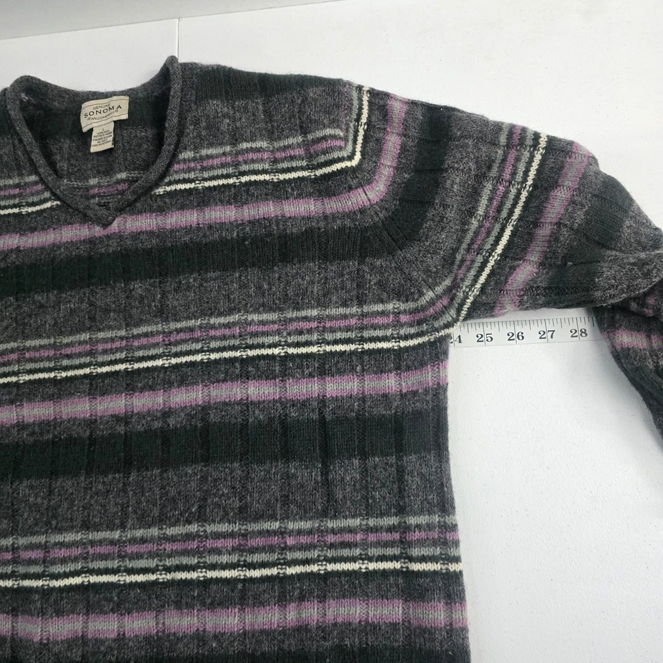 Suéter Sonoma Mujer Rayas Lana Cuello en V Gris Púrpura Crema Tejido Grande Foto 3 de 4