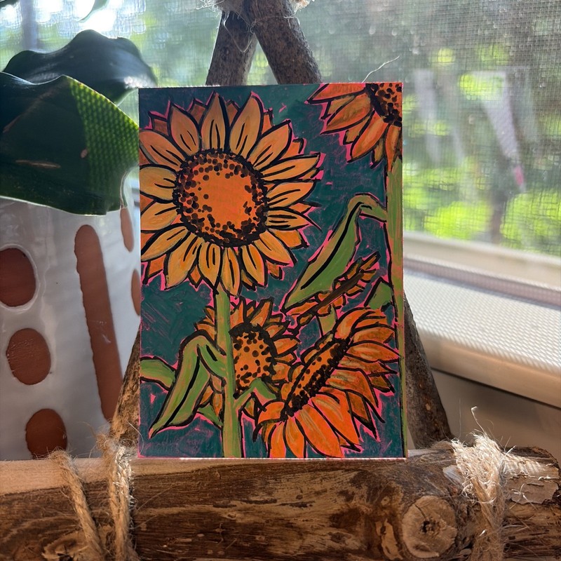 Watercolor Original AmberInWatercolor ACEO cute Sunflower Floral Yellow Happy