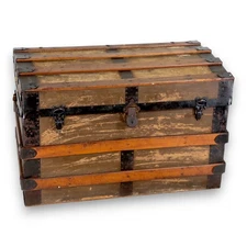 Flat Top Brown Canvas Steamer Trunk Coffee Table 33x21x19 Antique 1900's