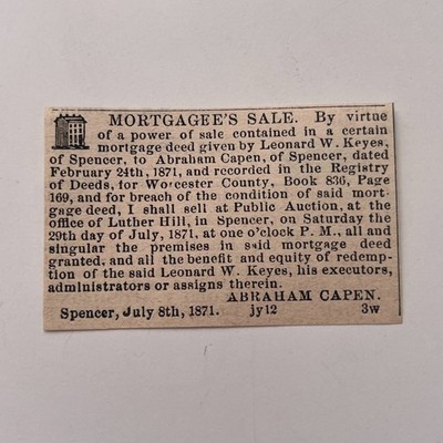 Mortgagee's Sale Abraham Capen 1871 Worcester MA Clipping TAJ8-S88