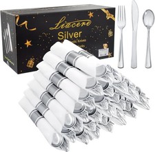 100 Pack Silver Plastic Silverware-Pre Wrapped cutlery and Napkin-Pre Rolled ...