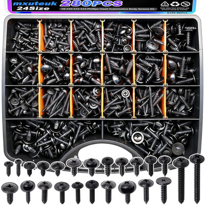 Mxuteuk 280PCS Automotive Screws Kit,#8#10#12#14 Phillips Head Automotive Body S