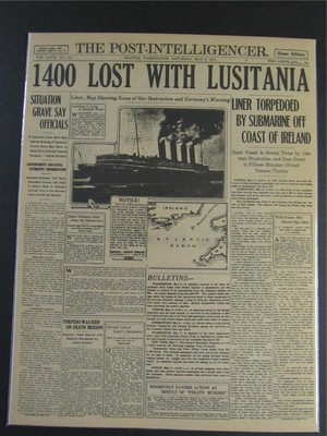 VINTAGE NEWSPAPER HEADLINES~WORLD WAR 1 GERMAN SINK LUSITANIA SHIP