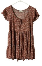 Urban Outfitters Brown Blue Floral Tie Front Short A-Line Dress Scoop Neck S-P