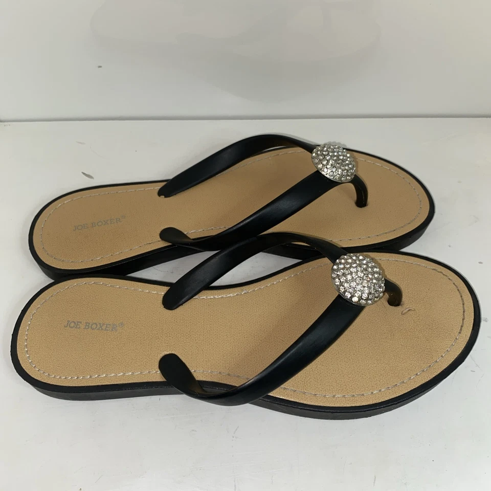 Women’s Joe Boxer Flip Flop Sandals Black-white Rhinestone Wedge Thong Sz 8   - Image 2 of 4