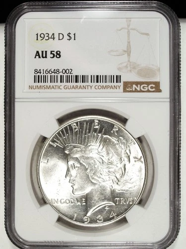 1934 D NGC AU 58 Peace Silver Dollar ☆☆ Great Collectible ☆☆ 002