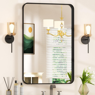 Black Rectangular Bathroom Mirror 24x36 with Rounded Corners & Metal Frame