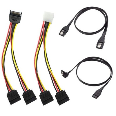 KETAWA SATA Data Cable & 15 Pin Power Splitter (4 Pack) - 6.0 Black 