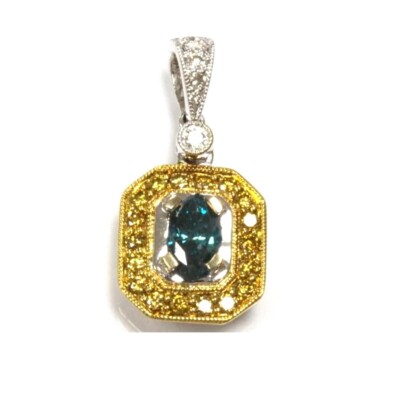 0,7 ctw natürlicher blau gelber Diamant massiv 14k zweifarbig Gold Rechteck Tropfen Anhänger