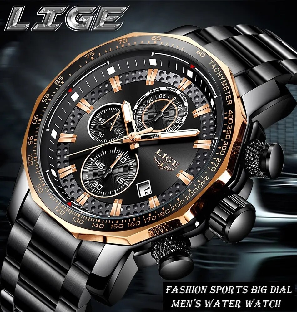 Montre étanche homme avec chronographe actif et boîtier noir de 42mm