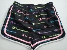CHAMPION Girls XL All Over Print Varsity Shorts Black Logo Lined Lightweight