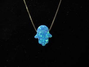 Original Blue Opal Hamsa Charm Pendant Gold Necklace on 14K Yellow Gold Chain