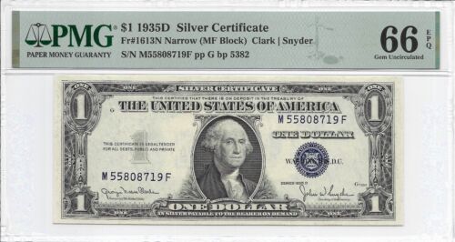 1935D $1 SILVER CERTIFICATE, PMG GEM Uncirculated 66 EPQ. M/F Block. " NARROW "
