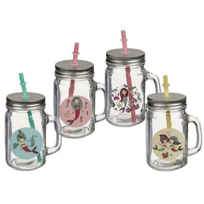 x 4er Set Gläser Meerjungfrau Strohhalm Krug Becher Deckel 500ml Gläser