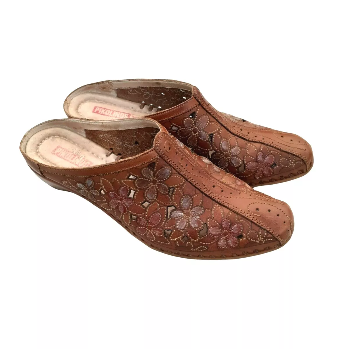 Pikolinos US 5 Brown Floral Cutout Leather Mules Slides Clogs Shoes Spain 36
