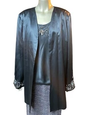 Women's Navy Blue Silk Beaded Jacket Blazer Coat & Tank Top Set Size 14 Draper's