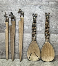 5 Piece Zebra Hand Carved Wood Salad Servers Tongs Fork, Spoon & Knives African