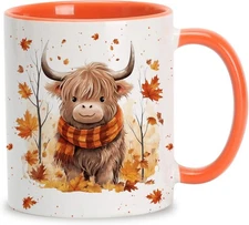 Hyturtle Highland Cow Coffee Mug, 11oz Fall Maple Leaves Ceramic Tea Cup