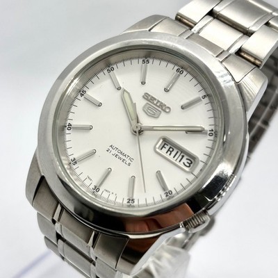 Working SEIKO 5 Seiko Five Wristwatch Automatic Skeleton 21 Jewels Day Date Whit