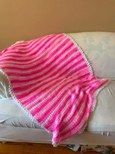 Handmade Crocheted Baby Blanket. Pink and White, Acrylic Yarn.