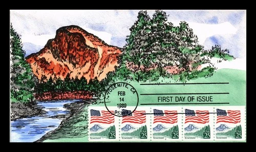 US COVER FLAG OVER YOSEMITE FIRST DAY ISSUE ALL OVER HAND PAINTED