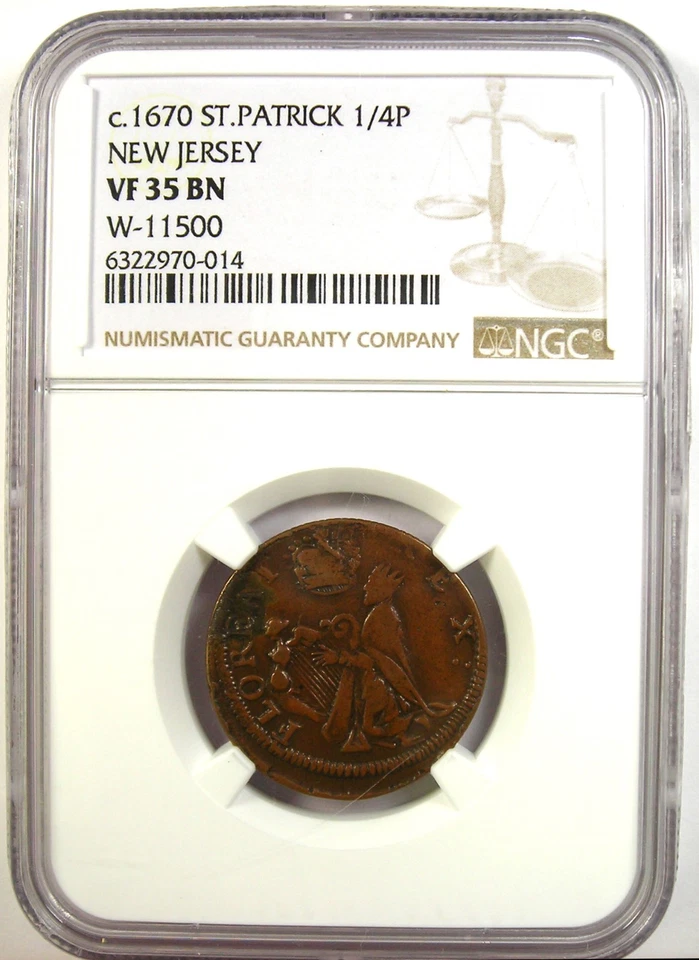 1670 New Jersey St Patrick Farthing Colonial Coin 1/4P - NGC VF35 - $2,000 Value - Image 2 of 4
