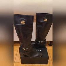 Coach Designer Sapphire Horse Carriage Black Leather Knee High Riding Boots 7.5