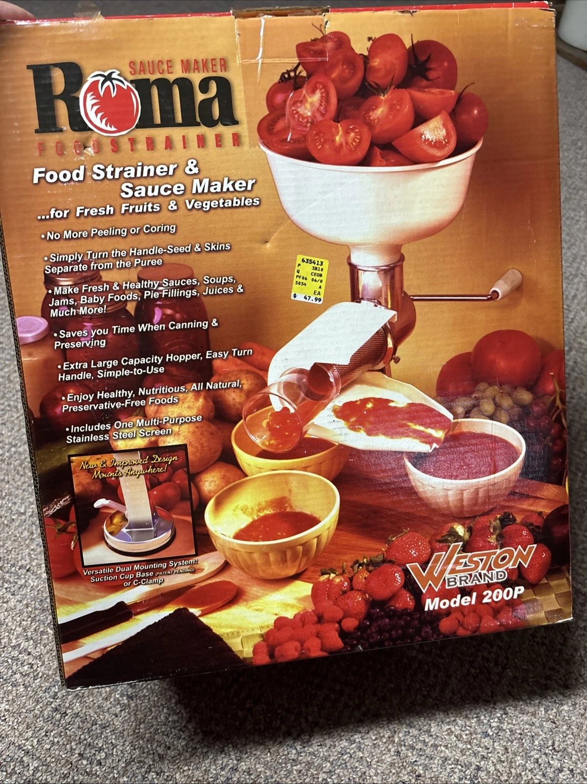 Weston Roma Food Strainer & Sauce Maker #200-P Complete + Salsa Screen