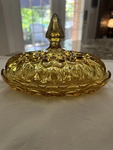 Vtg Butter Dish w Lid Anchor Hocking Fairfield Pattern Amber Oval Shaped Oblong