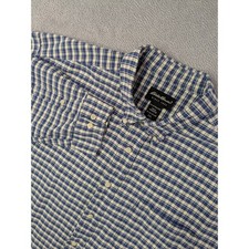 Eddie Bauer Mens XXL Plaid Button Down Shirt Long Sleeve Blue Cream Heavy Cotton