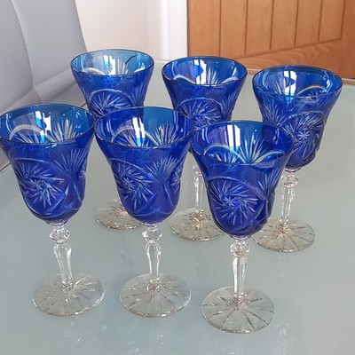 6er Set Weingläser Böhmisch Kobaltblau Schliff zu klarem Stern 16 cm Stiel