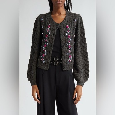 Cinq à Sept Joelle Embellished Cable Stitch Cardigan, Charcoal/ Fuschia