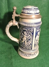 Vintage Old Gerz German Beer Stein Cermanic Lid 4”W By 8” H By 6” Deep Blue Grey